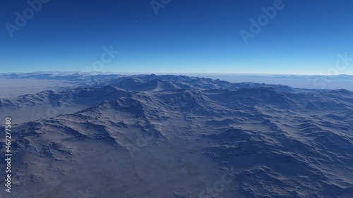 view from a beautiful planet, alien planet landscape, science fiction illustration 3d render