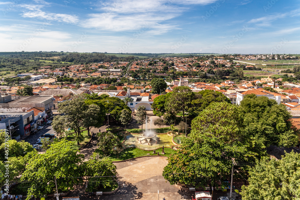 Bebedouro, Sao Paulo, Brazil, April 09,2015. Aerial view of city and Barao do Rio Branco square from the tower of the parish church, in downtown of Bebedouro.
