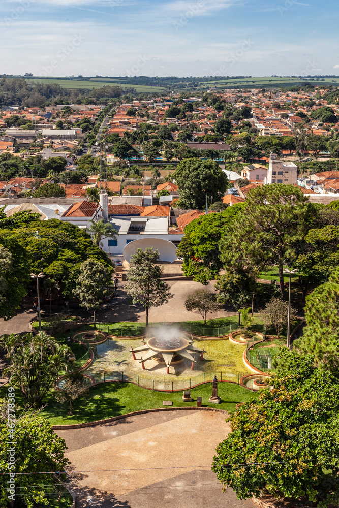 Bebedouro, Sao Paulo, Brazil, April 09,2015. Aerial view of city and Barao do Rio Branco square from the tower of the parish church, in downtown of Bebedouro.