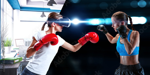 Young woman boxing in VR glasses . Mixed media © Sergey Nivens