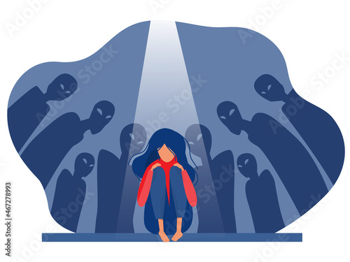 Depressed girl with anxiety and scary fantasies feeling sorrow; fears; sadness vector illustration
