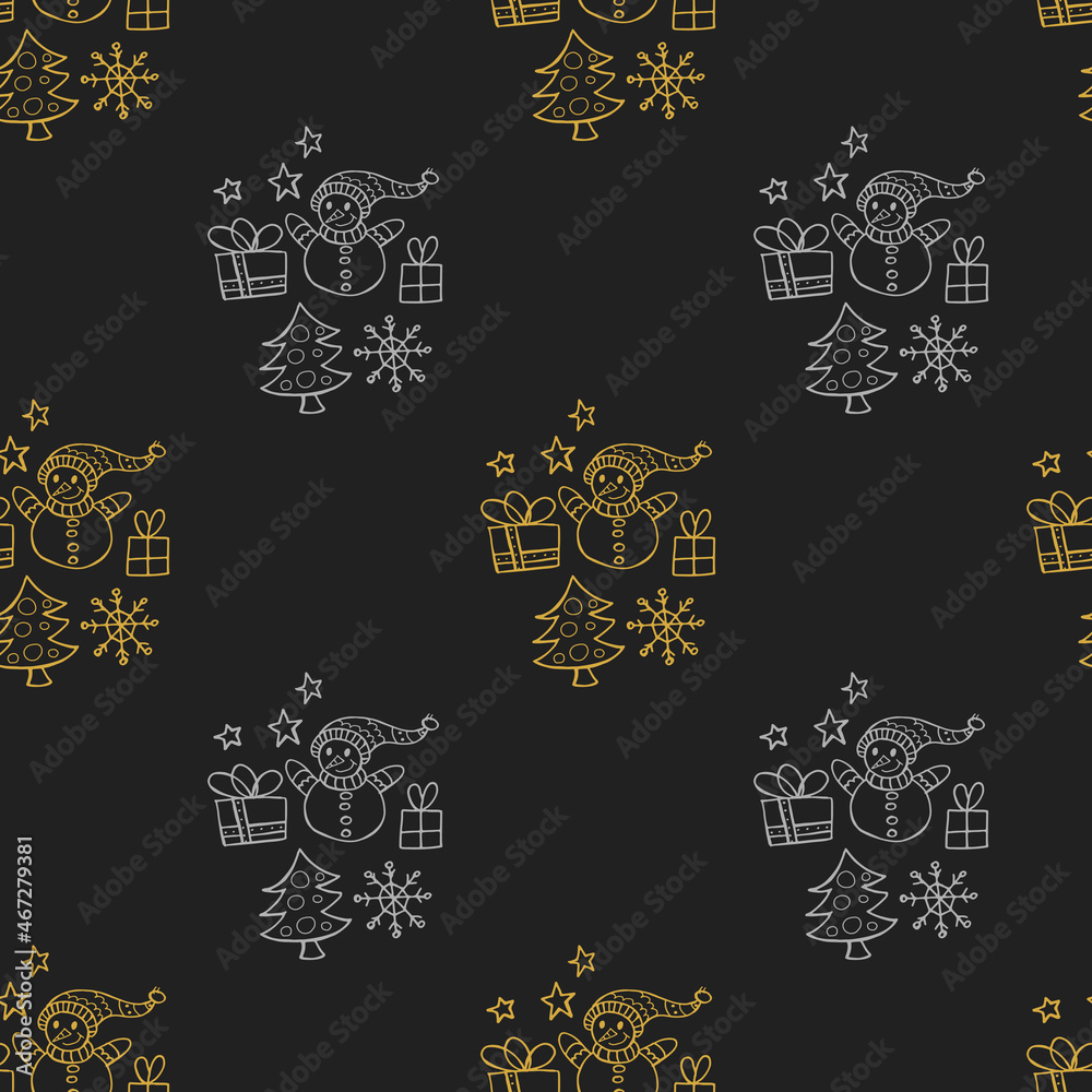 Seamless pattern in doodle style. Winter endless illustration is hand-drawn. Happy New Year 2022 and Merry Christmas. Gold and silver elements. A snowman with gifts, a Christmas tree and stars.