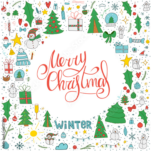 Set of winter doodle elements. Colorful hand-drawn objects with handwritten lettering on a white background. Merry Christmas and Happy New Year 2022.
