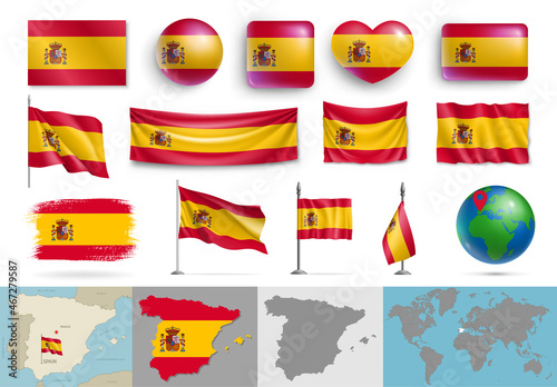 Spain flags of various shapes and geographic map set. Realistic waving Spanish flags, glossy 3d buttons, highly detailed map and globe with location identification pin vector illustration