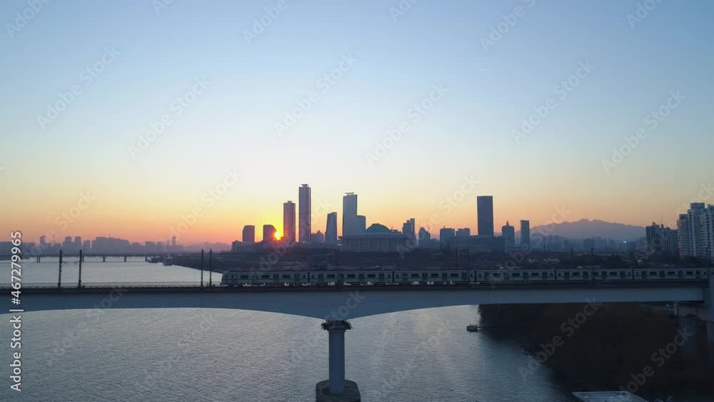 Subway crossing Dangsan iron bridge at morning, Aerial view. Seoul, Korea. 서울, 당산철교, 지하철, 한강