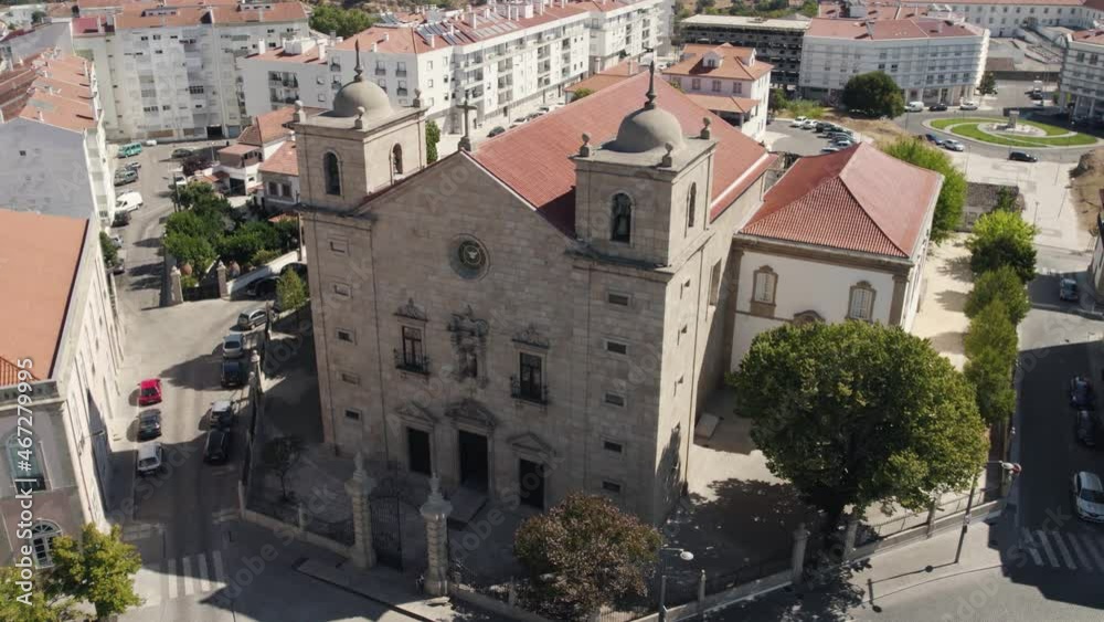 Aerial orbiting São Miguel Church Facade, Downtown Castelo Branco City - Portugal Aerial orbiting São Miguel Church Facade, Downtown Castelo Branco City - Portugal