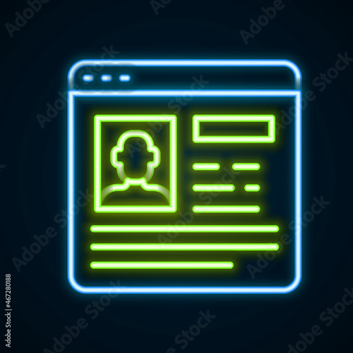 Glowing neon line Resume icon isolated on black background. CV application. Searching professional staff. Analyzing personnel resume. Colorful outline concept. Vector