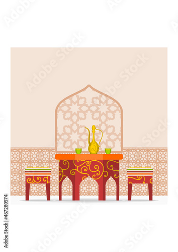 Editable Typical Patterned Arabic Coffee Shop Interior Vector Illustration With Dallah Pot and Finjan Cups on Table for Islamic Moments or Arabian Culture Cafe Related Design