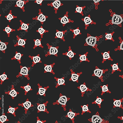 Line Medieval shield with crossed swords icon isolated seamless pattern on black background. Vector