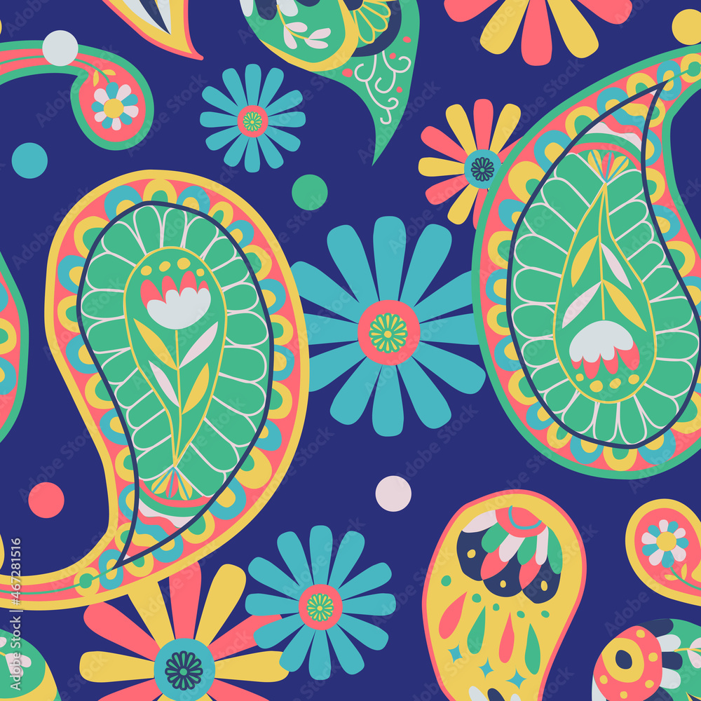 Fototapeta premium Bright blue paisley pattern vector seamless background