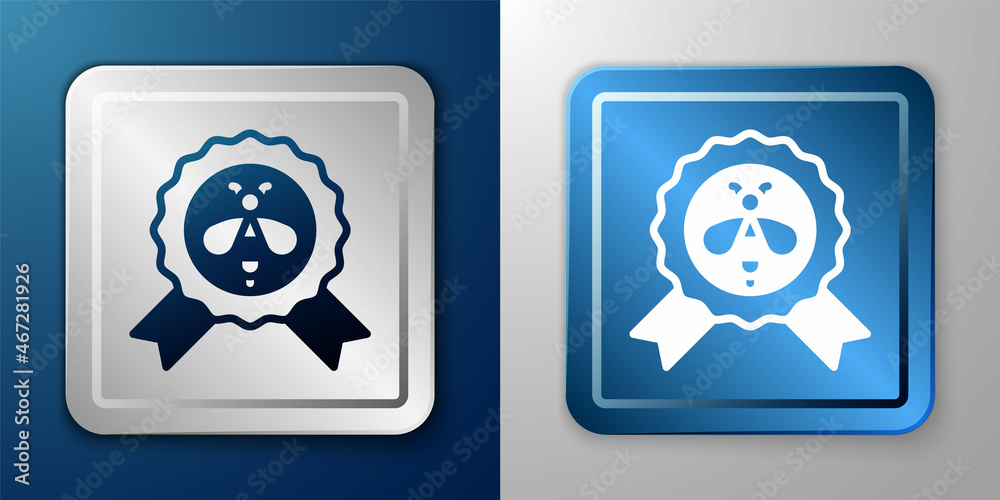 White Best bee icon isolated on blue and grey background. Sweet natural food. Honeybee or apis with wings symbol. Flying insect. Silver and blue square button. Vector