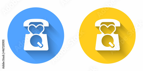 White Telephone with emergency call 911 icon isolated with long shadow background. Police, ambulance, fire department, call, phone. Circle button. Vector