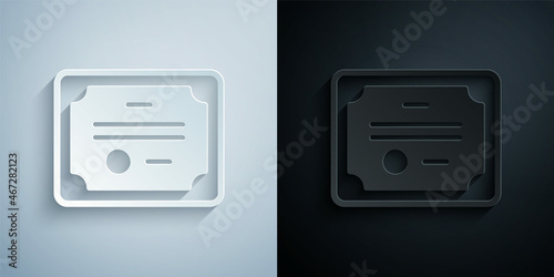 Paper cut Certificate template icon isolated on grey and black background. Achievement, award, degree, grant, diploma concepts. Paper art style. Vector