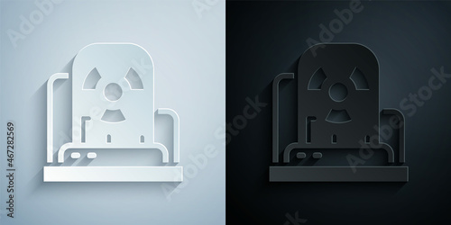 Paper cut Radioactive warning lamp icon isolated on grey and black background. Paper art style. Vector