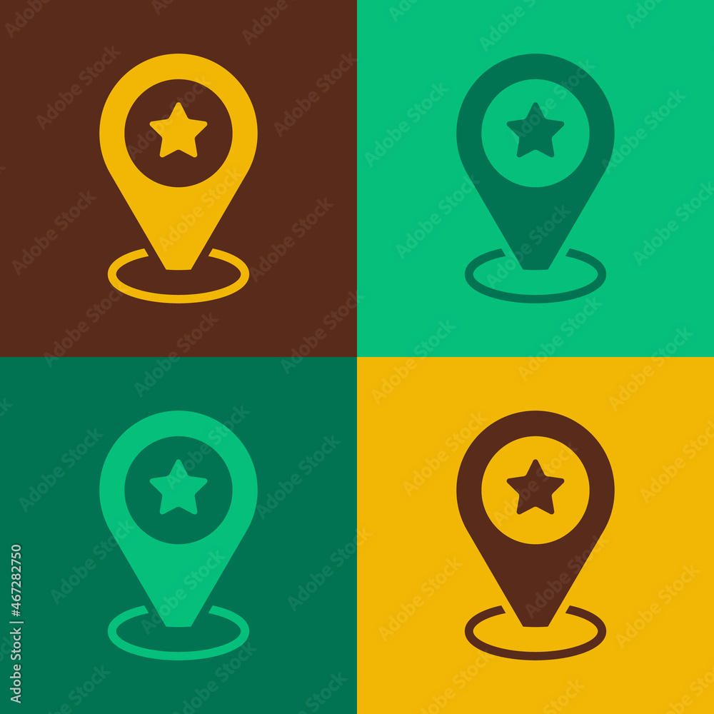 Pop art Map pointer with star icon isolated on color background. Star favorite pin map icon. Map markers. Vector Pop art Map pointer with star icon isolated on color background. Star favorite pin map icon. Map markers. Vector