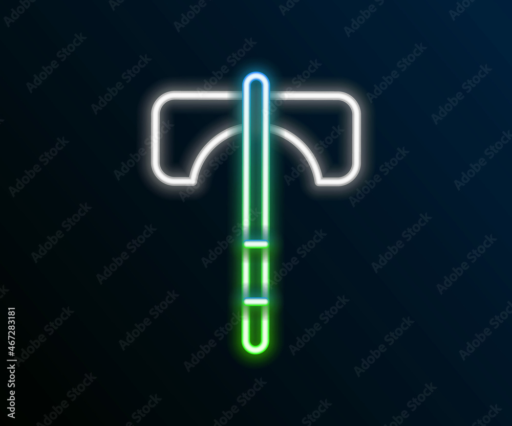 Glowing neon line Medieval axe icon isolated on black background. Battle axe, executioner axe. Medieval weapon. Colorful outline concept. Vector Glowing neon line Medieval axe icon isolated on black background. Battle axe, executioner axe. Medieval weapon. Colorful outline concept. Vector