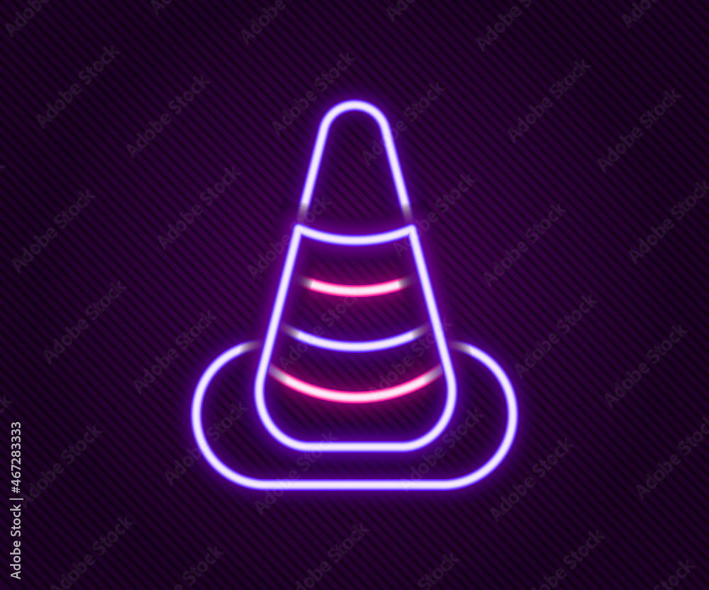 Glowing neon line Traffic cone icon isolated on black background. Colorful outline concept. Vector Glowing neon line Traffic cone icon isolated on black background. Colorful outline concept. Vector