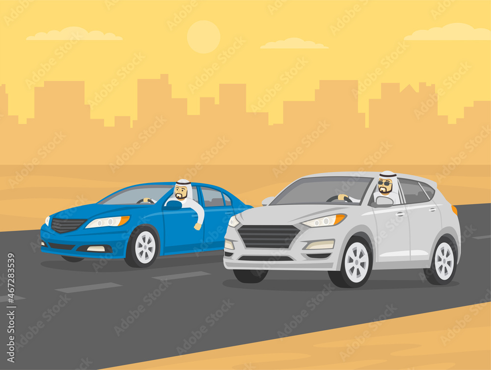 Driving a car. Happy young arab drivers racing on the sandy highway. Blue sedan and white suv car. Characters looking from the open front window. Flat vector illustration template.