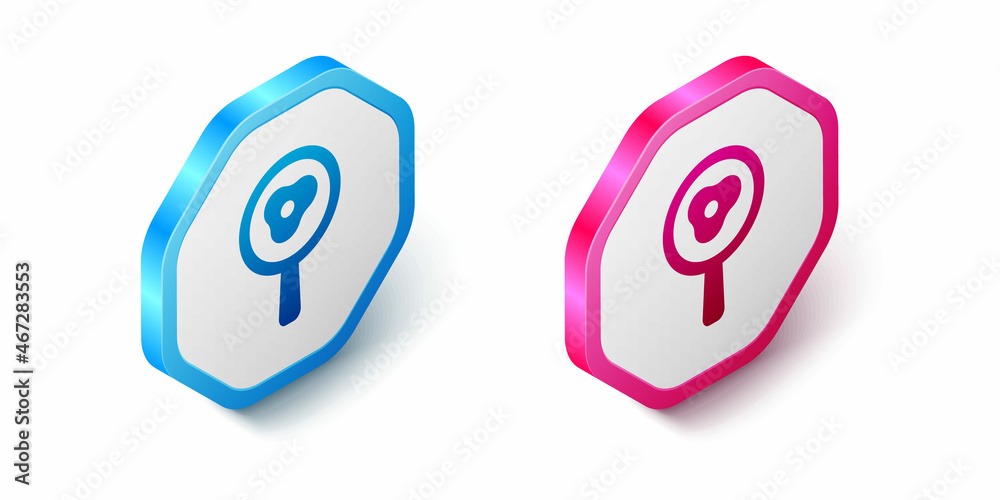 Isometric Fried eggs on frying pan icon isolated on white background. Fry or roast food symbol. Hexagon button. Vector Isometric Fried eggs on frying pan icon isolated on white background. Fry or roast food symbol. Hexagon button. Vector