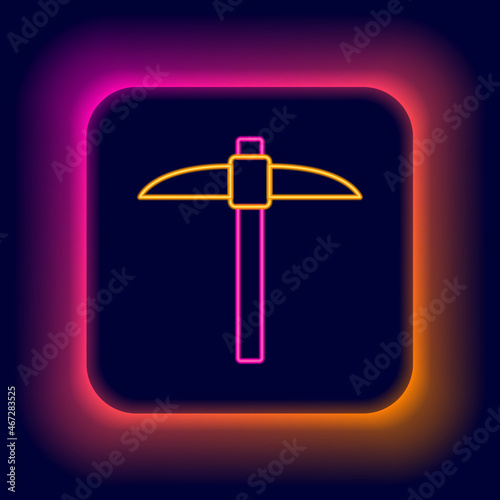 Glowing neon line Pickaxe icon isolated on black background. Blockchain technology, cryptocurrency mining, bitcoin, digital money market, cryptocoin wallet. Colorful outline concept. Vector