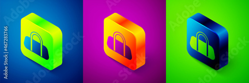 Isometric Sport bag icon isolated on blue, purple and green background. Square button. Vector