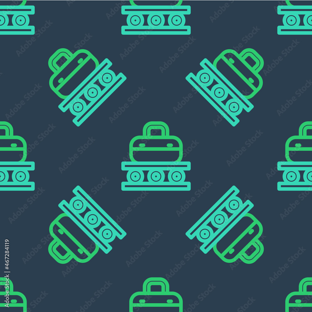 Line Airport conveyor belt with passenger luggage, suitcase, bag, baggage icon isolated seamless pattern on blue background. Vector Line Airport conveyor belt with passenger luggage, suitcase, bag, baggage icon isolated seamless pattern on blue background. Vector