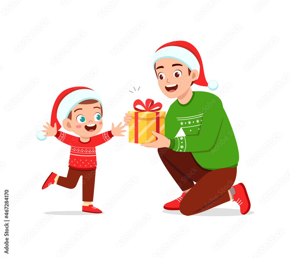 young man give present to little kid