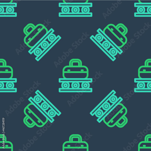 Line Airport conveyor belt with passenger luggage, suitcase, bag, baggage icon isolated seamless pattern on blue background. Vector