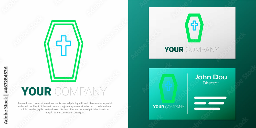 Fototapeta premium Line Coffin with christian cross icon isolated on white background. Happy Halloween party. Colorful outline concept. Vector