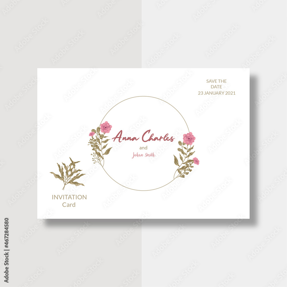 Elegant wedding invitation card with hand drawing soft flower and leaves, married card template