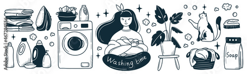 happy girl in the laundry. cartoon doodle style drawn by hand. black and white illustration