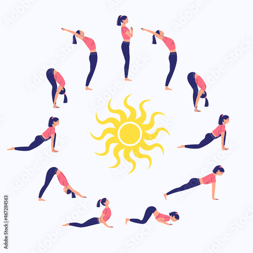 surya namaskar, greeting the sun, complex of asanas in yoga. cartoon style photo
