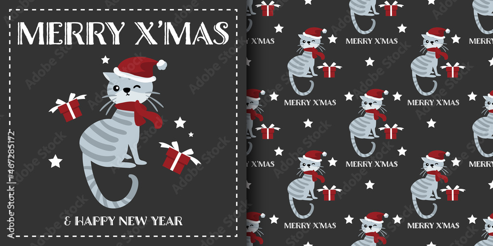 Christmas holiday season banner with Merry Christmas text and seamless pattern of cute cat wear Santa hat and red scarf with gift boxes and stars on black background. Vector illustration.