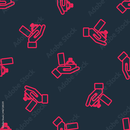 Red line Diamond engagement ring in a box icon isolated seamless pattern on black background. Vector