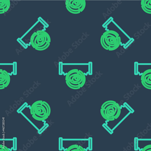 Line Two-handed saw and log icon isolated seamless pattern on blue background. Vector