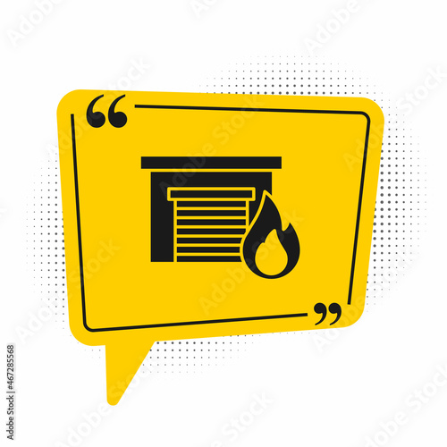 Black Fire in burning garage icon isolated on white background. Yellow speech bubble symbol. Vector