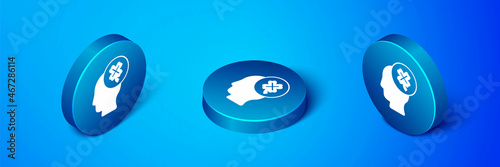Isometric Casino slot machine with clover symbol icon isolated on blue background. Gambling games. Blue circle button. Vector
