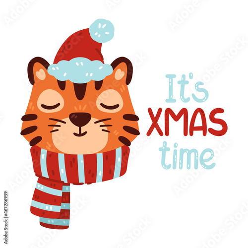 Tiger with santa hat and warm striped scarf. Portrait of chinese zodiac animal. It's xmas time lettering. Symbol of the new year 2022. Isolated vector illustration. Portrait of winter ginger cat.
