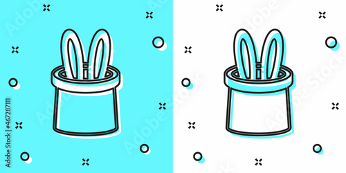 Black line Magician hat and rabbit ears icon isolated on green and white background. Magic trick. Mystery entertainment concept. Random dynamic shapes. Vector