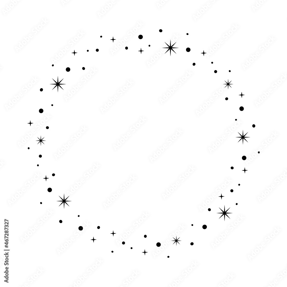 Sparkle star circle frame. Wreath round stardust border for party, birthday decor design. Laurel frame with, cosmic glitter shine. Isolated black flat vector illustration. Sparkle star circle frame. Wreath round stardust border for party, birthday decor design. Laurel frame with, cosmic glitter shine. Isolated black flat vector illustration.