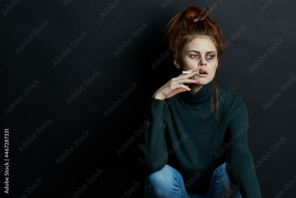 woman with bottle of alcohol smokes a cigarette depression bruises under eyes emotions woman with bottle of alcohol smokes a cigarette depression bruises under eyes emotions