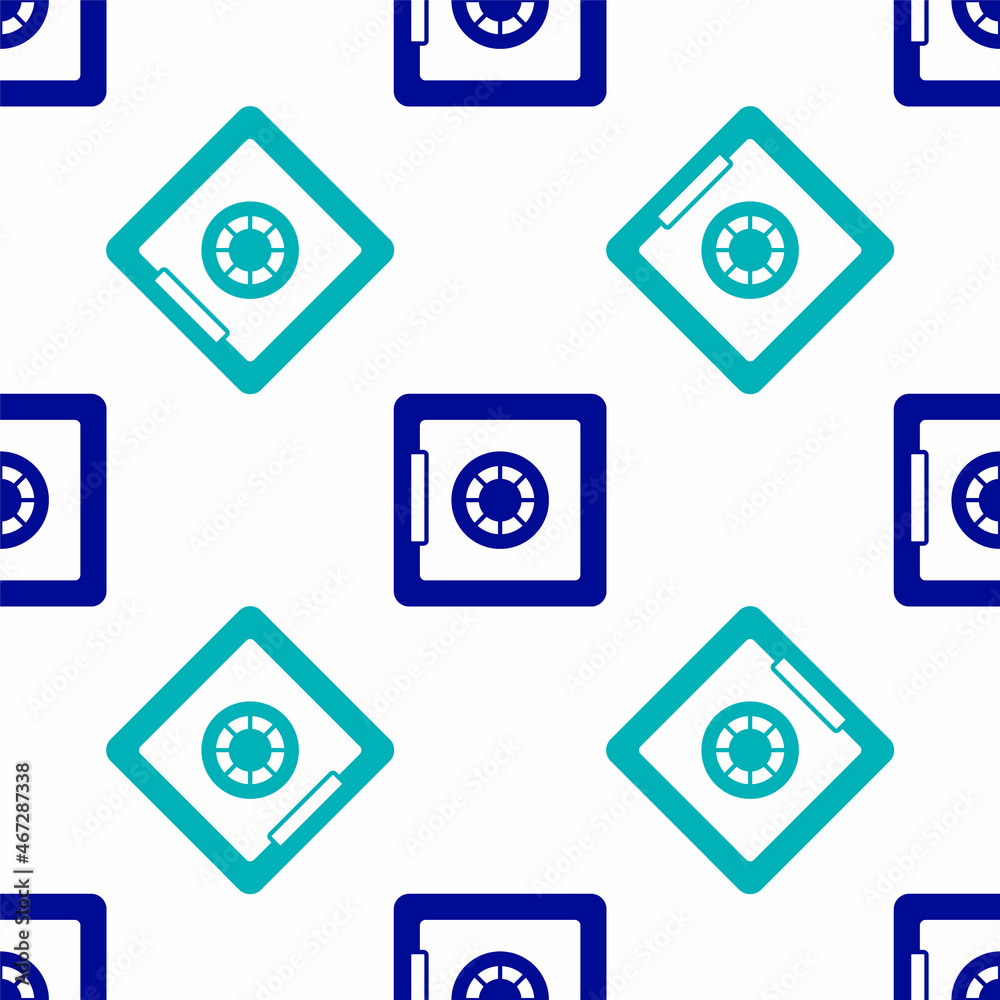 Blue Safe icon isolated seamless pattern on white background. The door safe a bank vault with a combination lock. Reliable Data Protection. Vector Blue Safe icon isolated seamless pattern on white background. The door safe a bank vault with a combination lock. Reliable Data Protection. Vector