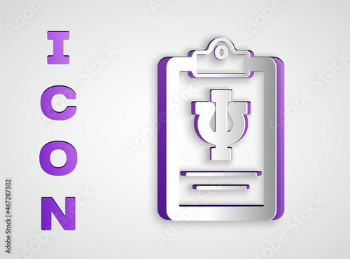 Paper cut Psychology icon isolated on grey background. Psi symbol. Mental health concept, psychoanalysis analysis and psychotherapy. Paper art style. Vector