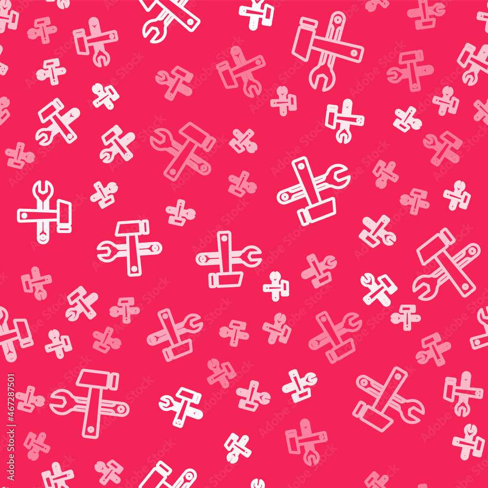 White line Crossed hammer and wrench spanner icon isolated seamless pattern on red background. Hardware tools. Vector White line Crossed hammer and wrench spanner icon isolated seamless pattern on red background. Hardware tools. Vector