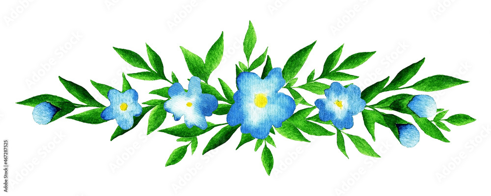 Bouquet of blue flowers and leaves. Watercolor (2)