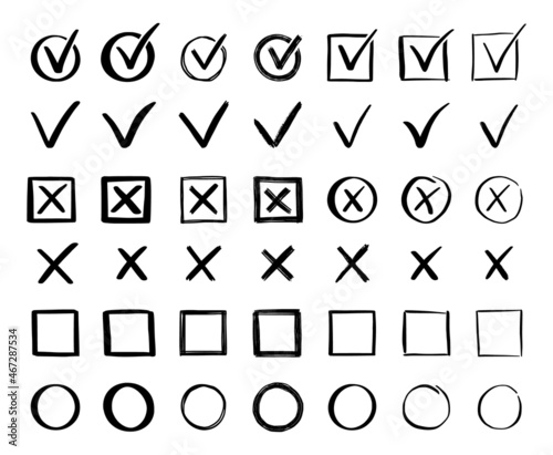Check and cross mark set. Hand drawn doodle sketch style. Vote, yes, no drawn concept. Checkbox, cross mark with box, circle element. Vector illustration.