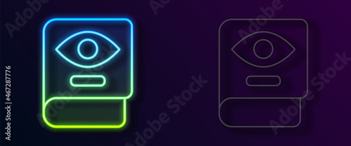 Glowing neon line Ancient magic book with alchemy recipes and mystic spells and enchantments icon isolated on black background. Vector