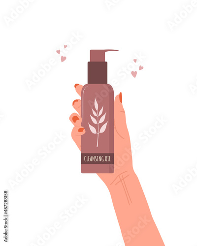 Skin care concept. Female hand holds tube of deep cleansing oil. Morning routine. Face makeup removal. Hand drawn beauty product. Vector illustration in flat cartoon style.