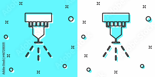 Black line Fire sprinkler system icon isolated on green and white background. Sprinkler, fire extinguisher solid icon. Random dynamic shapes. Vector