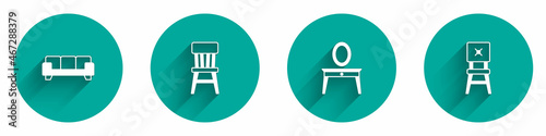 Set Sofa, Chair, Dressing table and icon with long shadow. Vector